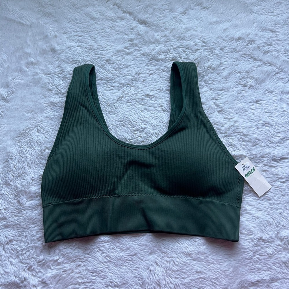 Aerie Real Good Ribbed Seamless Bralette Forest Green Large 246325-3241 Cozy Fit